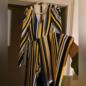 Striped V-Neck Jumpsuit in Blue, Yellow, and White
